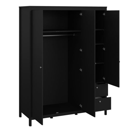 Black 3-door wardrobe with 2 drawers and a central mirrored door, open view showing hanging rail and shelves.