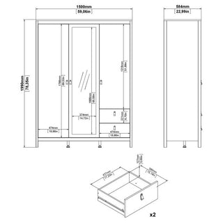 Technical drawing of the CHOICEWARDROBE Macron 150cm black 3-door, 2-drawer mirrored wooden wardrobe with mm/inch dimensions. Shows front, side, and interior views plus details of drawers—perfect for modern bedroom storage with hanging rail and shelves.