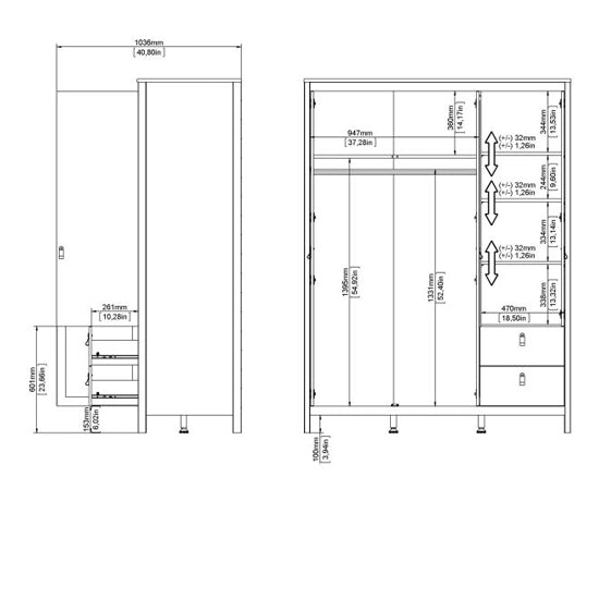 Technical drawing of CHOICEWARDROBE Macron 3 door 2 drawer wardrobe with mirrored centre door and dimensions.