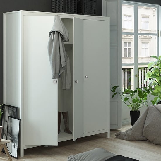 Macron 150cm white 3-door wardrobe with open door showing hanging rail and boots