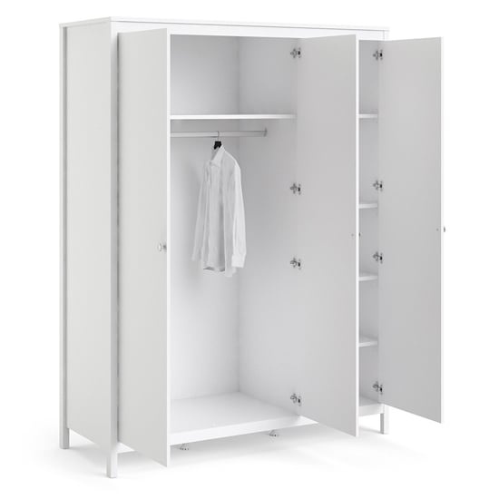 White 3-door wardrobe interior showing hanging rail and shelves