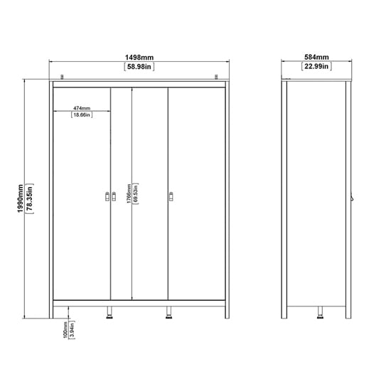 Technical diagram of CHOICEWARDROBE Macron 150cm white 3-door wardrobe showing dimensions