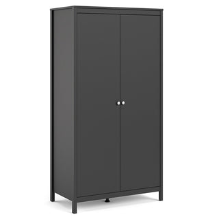 The CHOICEWARDROBE Macron 2 Door Wooden Wardrobe in Matt Black features a modern minimalist design, hanging rail, shelves, and silver handles—perfect for stylish bedroom storage.