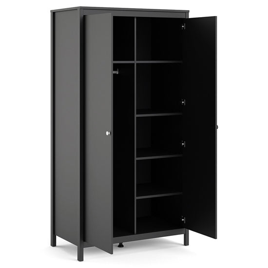 Open 2-door matt black wooden wardrobe showing hanging rail on left and shelves on right