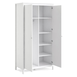 The CHOICEWARDROBE Macron 2 Door Wooden Wardrobe in matt white features a compact modern design with eight shelves, a hanging rail on the left, and stands on four legs. Both doors are open, showing the empty interior.