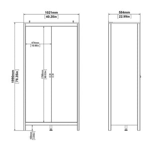 Technical drawing of the CHOICEWARDROBE Macron 2 Door Wooden Wardrobe in matt white, with hanging rail and shelves. Size: 1980mm (77.95") H x 1021mm (40.2") W x 584mm (22.99") D; door width: 474mm (18.66"). Measurements in mm/inches.