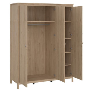 The CHOICEWARDROBE Macron 3 Door Wooden Wardrobe in oak finish (150cm wide) features a large hanging area with shelf and rail on the left, plus four side shelves on the right. All interior compartments are empty.