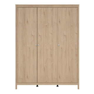 The CHOICEWARDROBE Macron 3 Door Wooden Wardrobe features a modern oak finish, measures 150cm wide, and offers a minimalist design with hanging rail and side shelves—ideal stylish storage for any contemporary bedroom.
