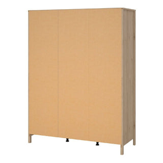 The CHOICEWARDROBE Macron is a 3 door wooden wardrobe in an oak finish (150cm wide) with a modern, minimalist design. It features a plain light brown look, short legs, no visible handles or decorations, plus a hanging rail and side shelves for storage.