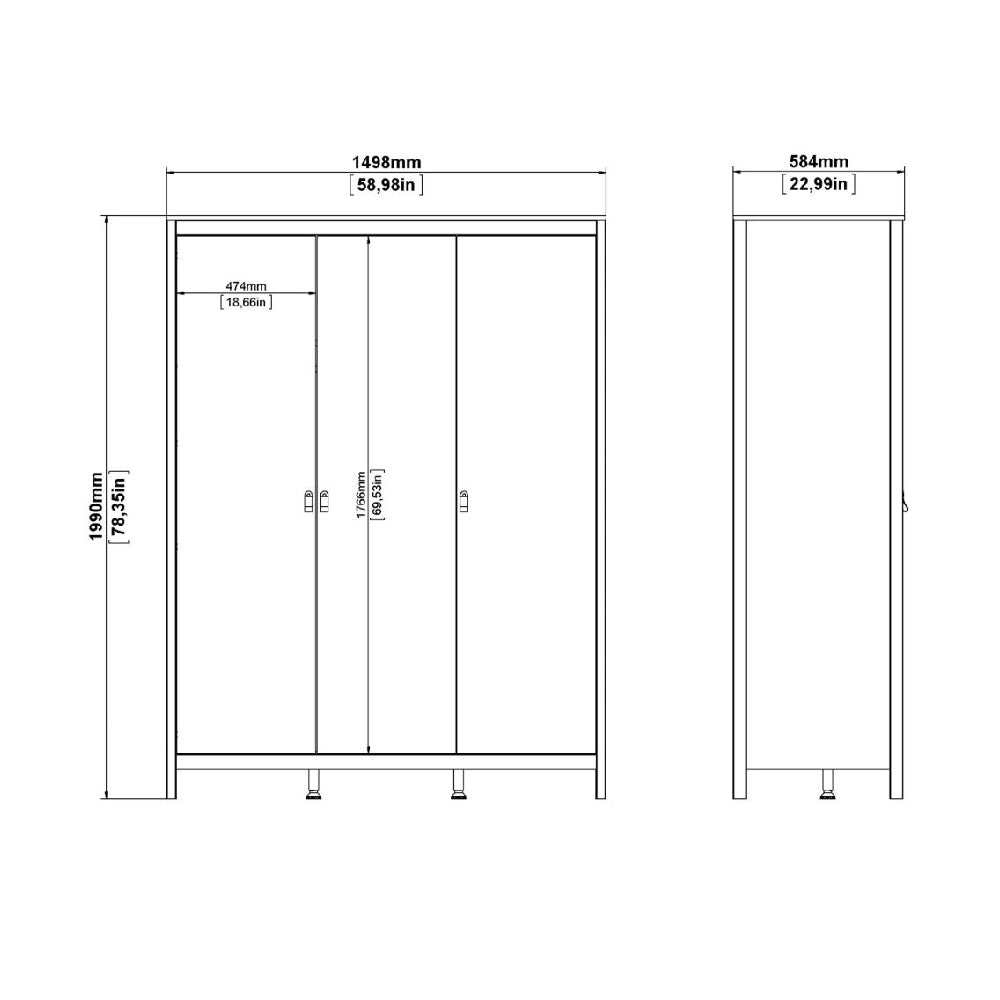 CHOICEWARDROBE Macron 3-door wardrobe technical drawing with dimensions 1990mm H x 1500mm W x 584mm D.