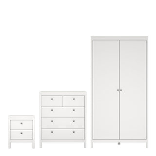 The CHOICEWARDROBE Macron 3 Piece Set in white includes a 2-door wardrobe, a 5-drawer chest, and a bedside table—all with a classic minimalist design.