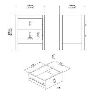 Black and white technical drawing of the Macron 3 Piece Bedroom Furniture Set bedside table in white. Table: 436mm W x 384mm D x 541mm H; drawers: 95mm H x 337mm W x 317mm D. Classic minimalist design.