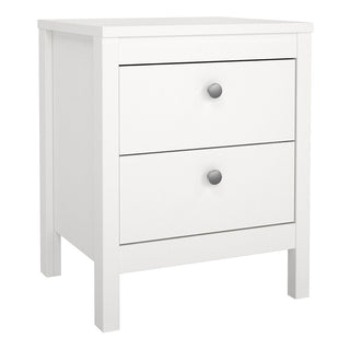 The CHOICEWARDROBE Macron 3 Piece Bedroom Furniture Set includes a white bedside table with two drawers, each with a round silver knob. Its classic minimalist design features clean lines and straight legs for a sleek, modern look.