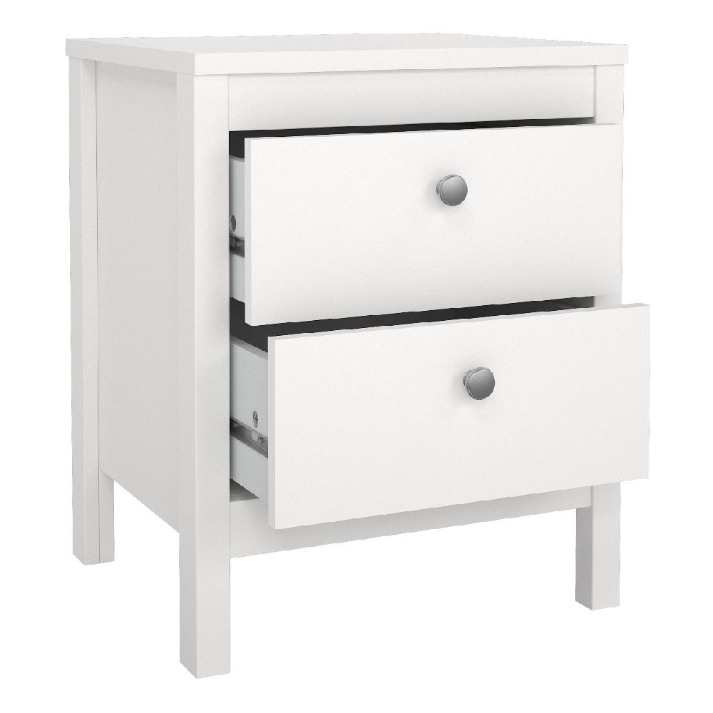 White bedside table with 2 drawers, round metal knobs, modern minimalist design - CHOICEWARDROBE Macron