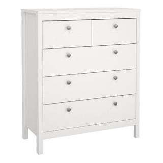 The CHOICEWARDROBE Macron 3 Piece Bedroom Furniture Set includes a white five-drawer chest with a classic minimalist design, featuring two small top drawers and three larger ones below—perfect for stylish, modern bedrooms.