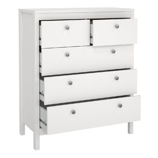 The CHOICEWARDROBE Macron 3 Piece Bedroom Furniture Set in white features a classic minimalist design with a 2 door wardrobe, 5 drawer chest, and bedside table—an elegant addition to any bedroom.