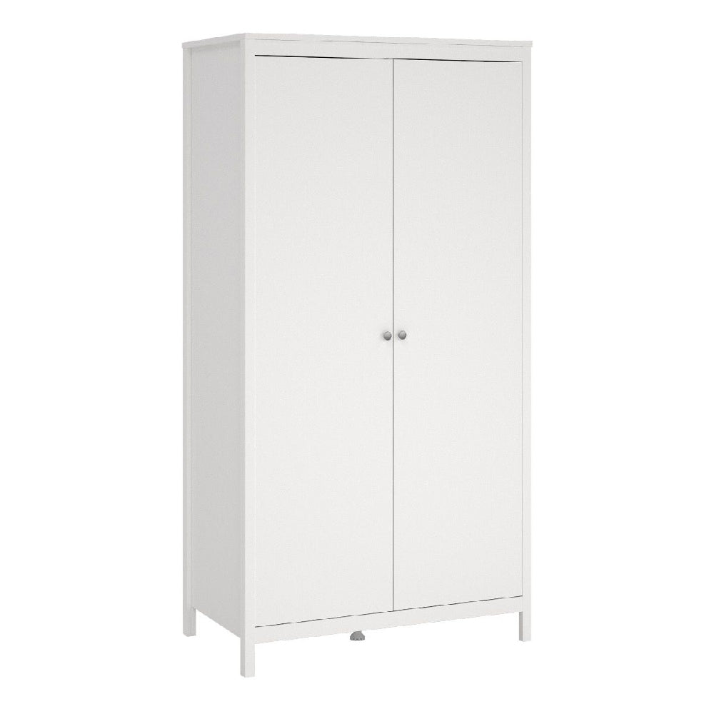 White 2-door wardrobe, part of Macron 3-piece bedroom furniture set. Minimalist design with round handles and straight legs. Offers ample storage.
