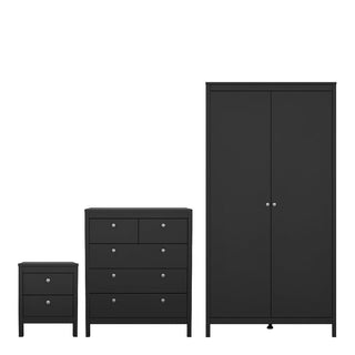 The CHOICEWARDROBE Macron 3 Piece Bedroom Furniture Set features a modern black 2 door wardrobe, four-drawer chest, and two-drawer bedside table—all in a matching finish with sleek round silver knobs.