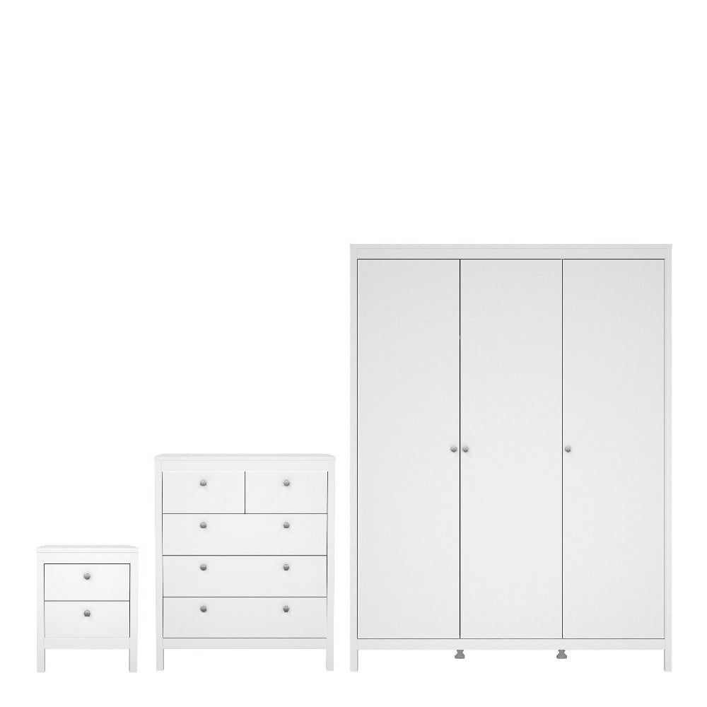 White 3-door wardrobe, chest of drawers, and bedside table: CHOICEWARDROBE Macron bedroom set.