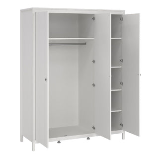 The CHOICEWARDROBE Macron 3 Piece Bedroom Set includes a classic white, three-door wardrobe with a hanging rod, shelf, and five open shelves for spacious storage—all doors are open to reveal the organized interior.