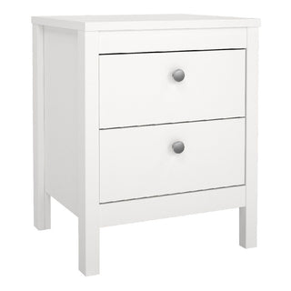 The CHOICEWARDROBE Macron 3 Piece Bedroom Set includes a classic white bedside table with two drawers and round metal knobs, featuring a modern rectangular design that complements rustic oak wardrobes.