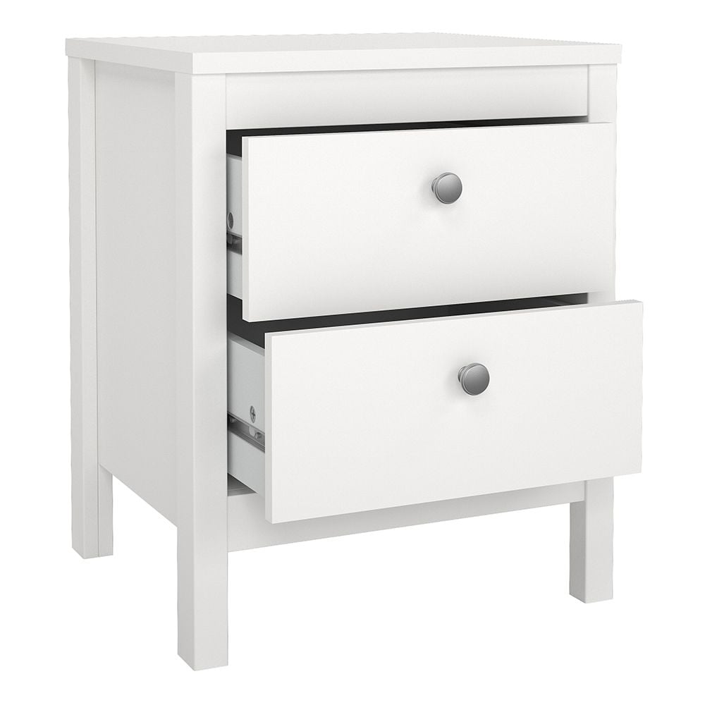 White two-drawer bedside table with metallic knobs | Modern nightstand bedroom furniture