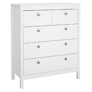 The CHOICEWARDROBE Macron 3 Piece Bedroom Set features a classic white, modern chest with five drawers—two small on top, three large below—with round silver knobs, complementing any space or wooden wardrobe.