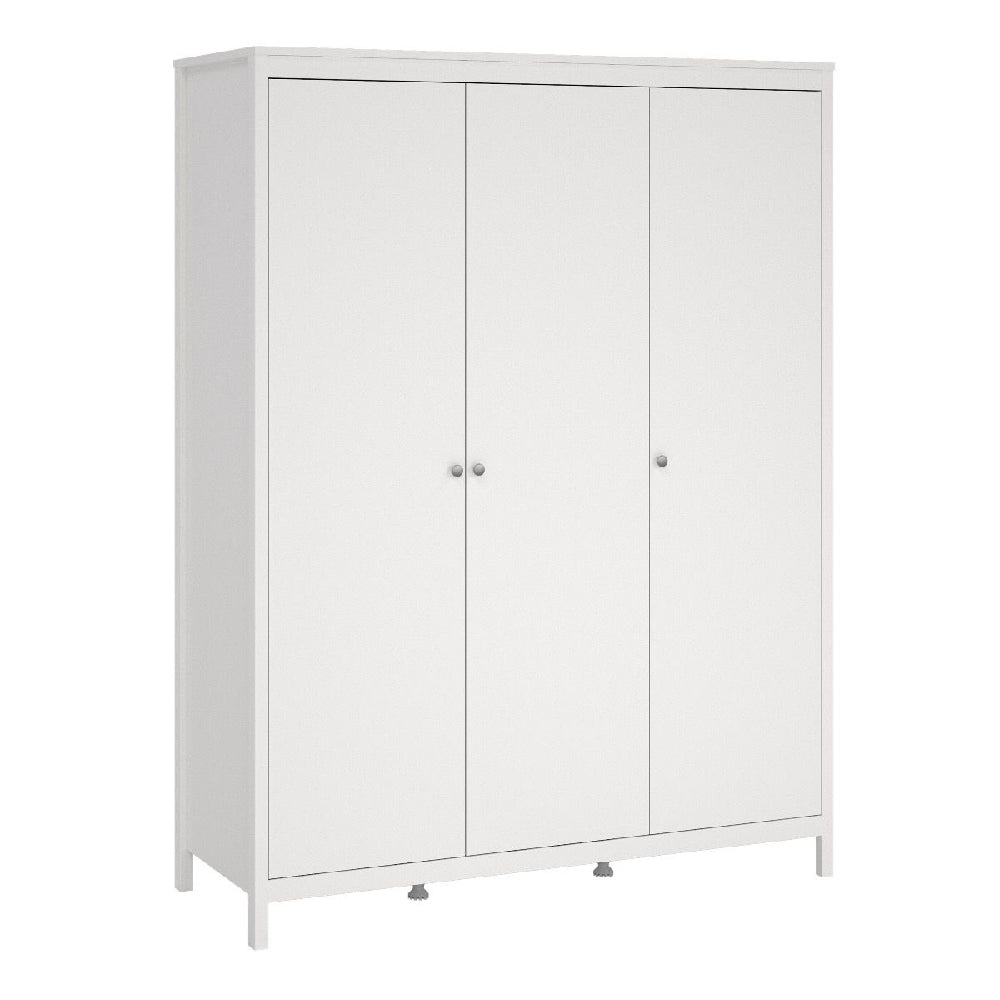 White 3-door modern wardrobe with minimalist design and round handles for bedroom storage