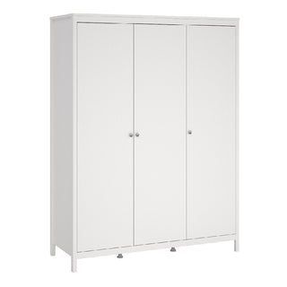 The CHOICEWARDROBE Macron 3 Piece Bedroom Set features a classic white 3-door wardrobe with minimalist flat panels and round handles, offering elegant modern style with rustic oak charm and practical storage.