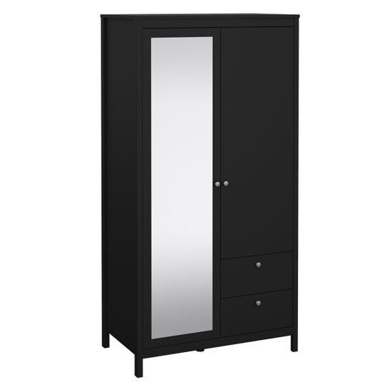 Black two-door wardrobe with a mirrored door on the left and two drawers on the right.