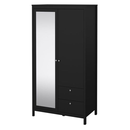 CHOICEWARDROBE Macron black mirrored wardrobe with 2 doors and 2 drawers below.