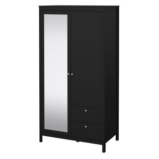 The CHOICEWARDROBE Macron Black Mirrored Wardrobe is a 2-door, modern design with a full-length mirror and two bottom-right drawers with metal knobs for extra bedroom storage.