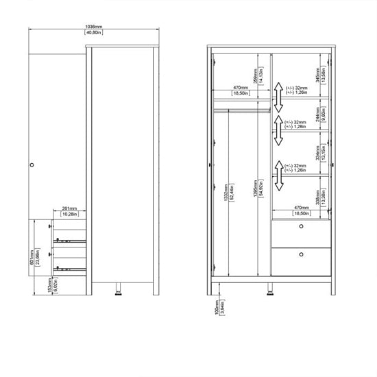 Technical dimension drawing of a CHOICEWARDROBE 2-door, 2-drawer wardrobe, showing internal and external measurements in mm and inches.