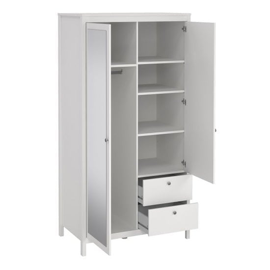 White 2-door wardrobe with open mirrored door, shelves and two open drawers