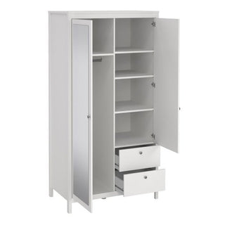 The CHOICEWARDROBE Macron White 2 Door Mirrored Wardrobe features a full-length mirrored door, wooden frame, shelves, two drawers, and a short hanging rail on the left—ideal for practical bedroom storage. Both doors and drawers are shown open.