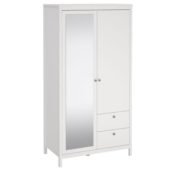 White 2-door wardrobe with mirrored panel on left door and two visible drawers below.