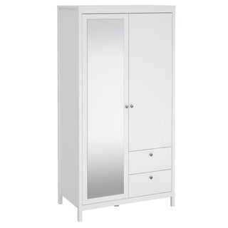 The CHOICEWARDROBE Macron White 2 Door Mirrored Wardrobe features a full-length mirror on the left door, two drawers, small round handles, and sturdy four-leg support—offering classic and stylish bedroom storage with a wooden frame.