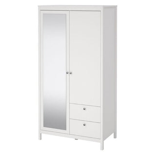 The CHOICEWARDROBE Macron White 2 Door Mirrored Wardrobe features a wooden frame, full-length mirror, and two bottom drawers—offering classic bedroom storage in a modern, stylish design for any space.