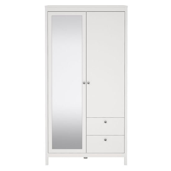 White 2-door wardrobe with mirrored door on left, two drawers on bottom right, and round knobs.