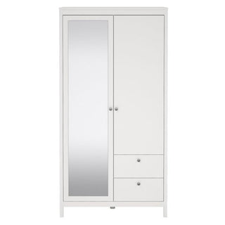 The CHOICEWARDROBE Macron White 2 Door Mirrored Wardrobe features a full-length mirrored door, two lower right drawers, and simple round knobs—offering classic bedroom storage in a clean, wooden frame design.