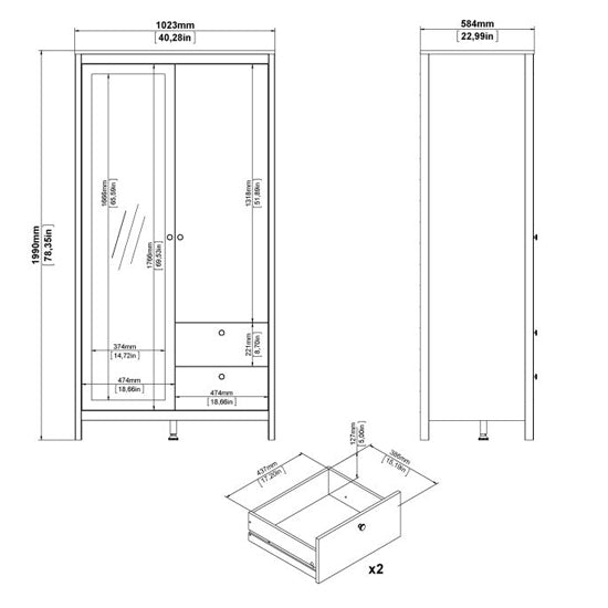 Technical drawing of Macron white 2-door wardrobe with mirrored door and drawers. Dimensions W1023xH1990xD584mm.