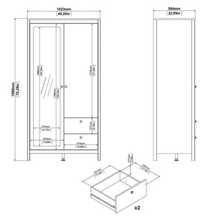 Technical drawing of the CHOICEWARDROBE Macron White 2 Door Mirrored Wardrobe—wooden frame, front view with two doors and drawers. Size: W1023mm (40.28in) x H1990mm (78.35in) x D584mm (22.99in). Drawer dimensions included.
