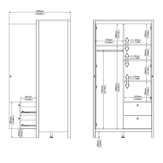 Technical drawing of white 2-door mirrored wardrobe with drawers, showing internal dimensions and overall size.
