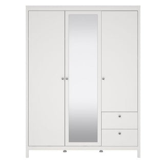 The CHOICEWARDROBE Macron White Mirrored Wardrobe features a modern minimalist design with three doors (middle door is mirrored), two lower right drawers, and round handles on all doors and drawers.