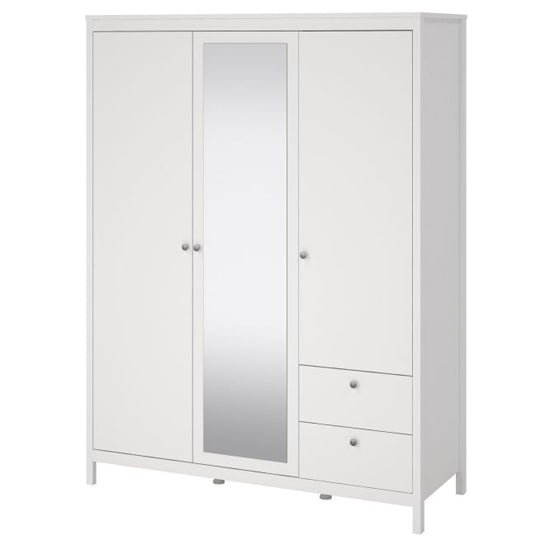 White 3-door wardrobe with central mirrored door and two lower drawers
