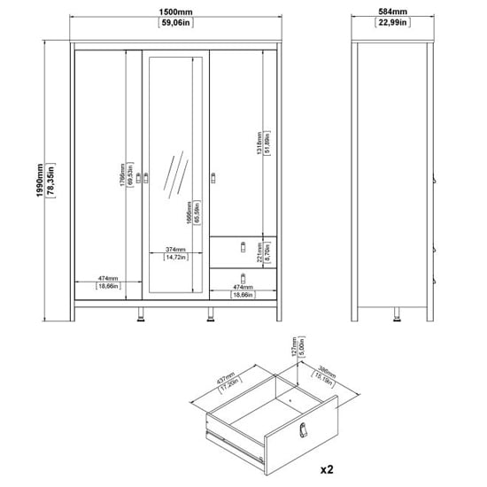 Macron White Mirrored 3 Door Wardrobe technical drawing with dimensions in mm and inches.