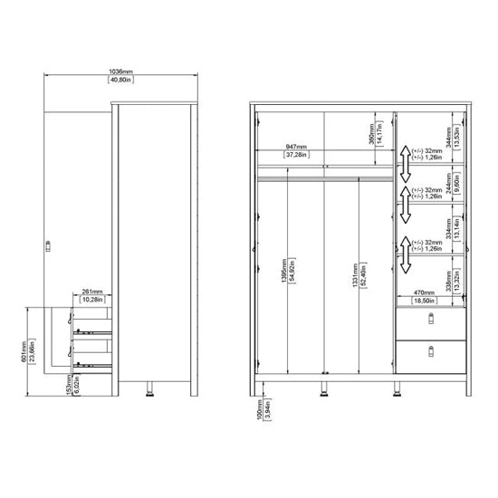 Technical drawing of CHOICEWARDROBE Macron 3-door wardrobe with 2 drawers, showing dimensions and internal layout with mirrored doors.