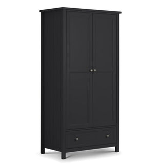 The CHOICEWARDROBE Madge 2 Door 1 Drawer Wardrobe features a deep matte black shaker design, metal handles, and classic New England style—perfect bedroom storage for modern homes with paneled doors, a pull-out drawer, and short legs.