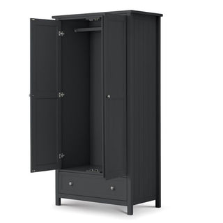 The CHOICEWARDROBE Madge 2 Door 1 Drawer Wardrobe, in deep matte black shaker design with metal handles, features open doors showing a spacious hanging area and a closed drawer below, all set against a plain white background.
