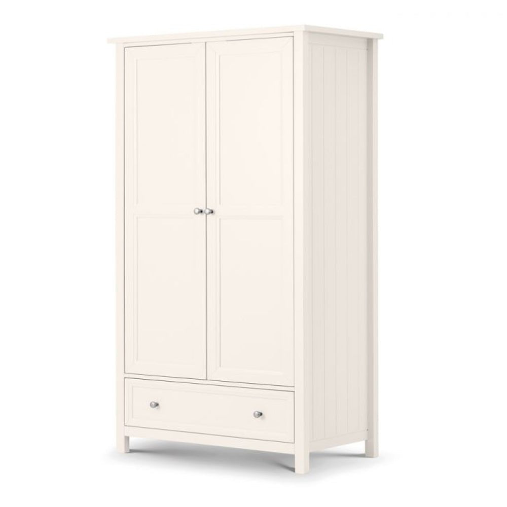 White 2-door wardrobe with paneled doors and a single drawer with silver handles.